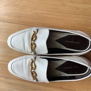 Tory Burch Cream Loafers with Gold Chain Detail